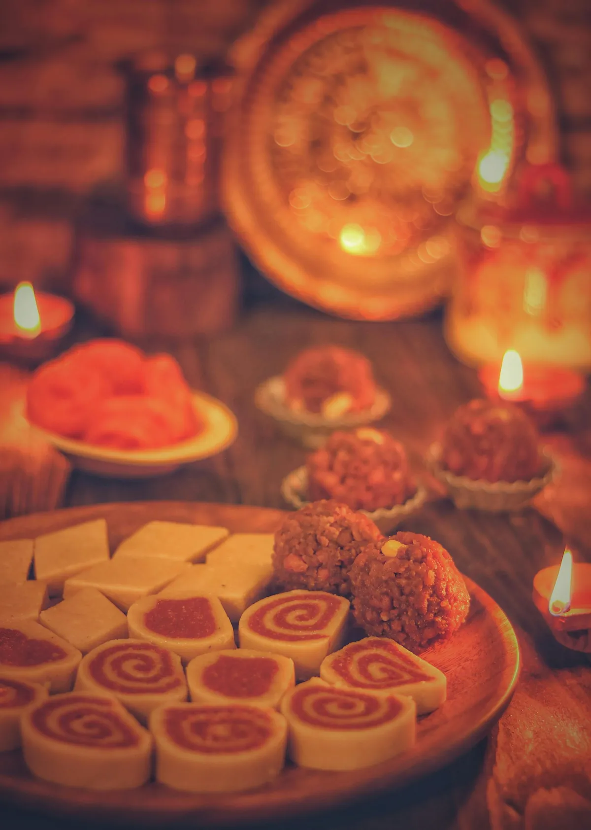An assortment of Indian sweets on a plate, lit by candlelight